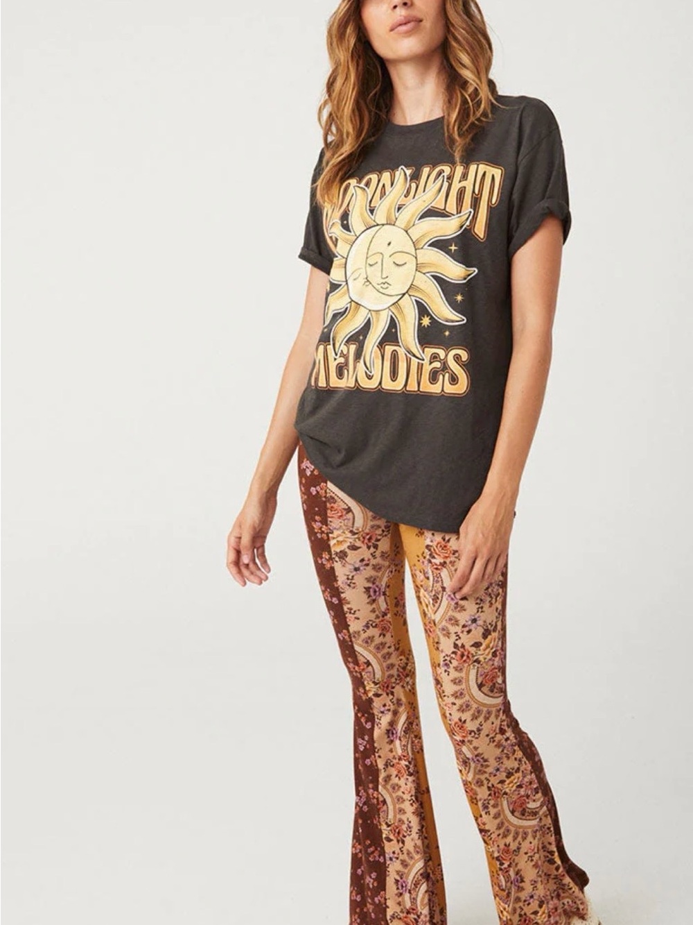 Spell Vintage-Inspired Floral Paisley Flare Pants - Brown & Tan